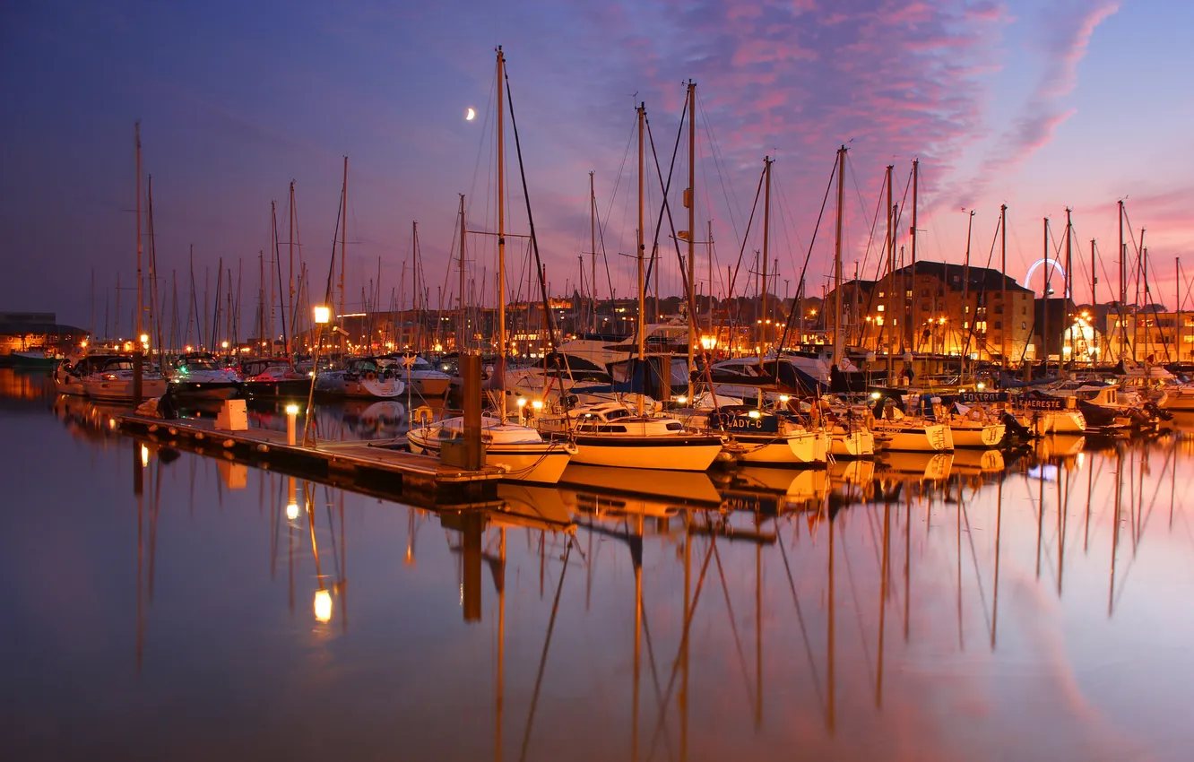 Photo wallpaper sunset, the city, yachts, boats, Plymouth, England, yacht club, Cattedown