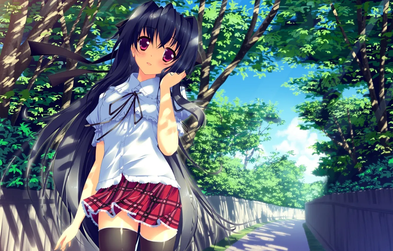 Photo wallpaper road, girl, the sun, trees, the wind, hair, the fence