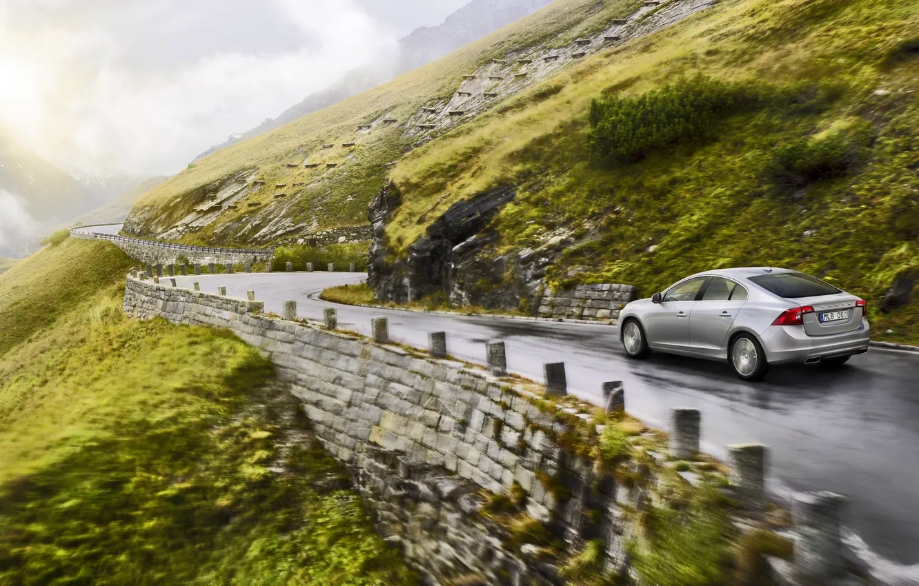 Photo wallpaper road, machine, grey, open, Volvo, in motion, S60