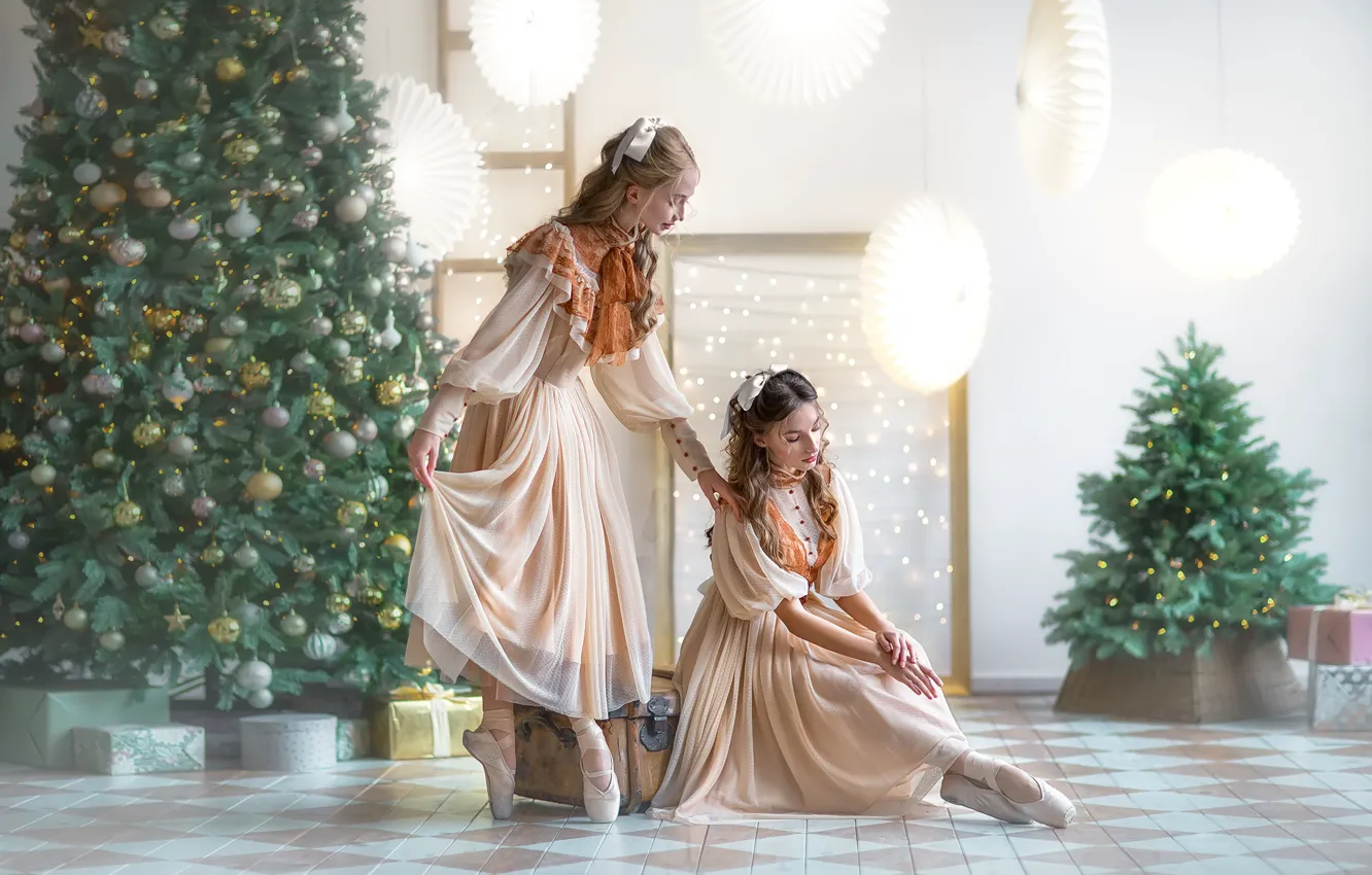 Photo wallpaper girl, decoration, pose, room, holiday, tree, new year, ballerina