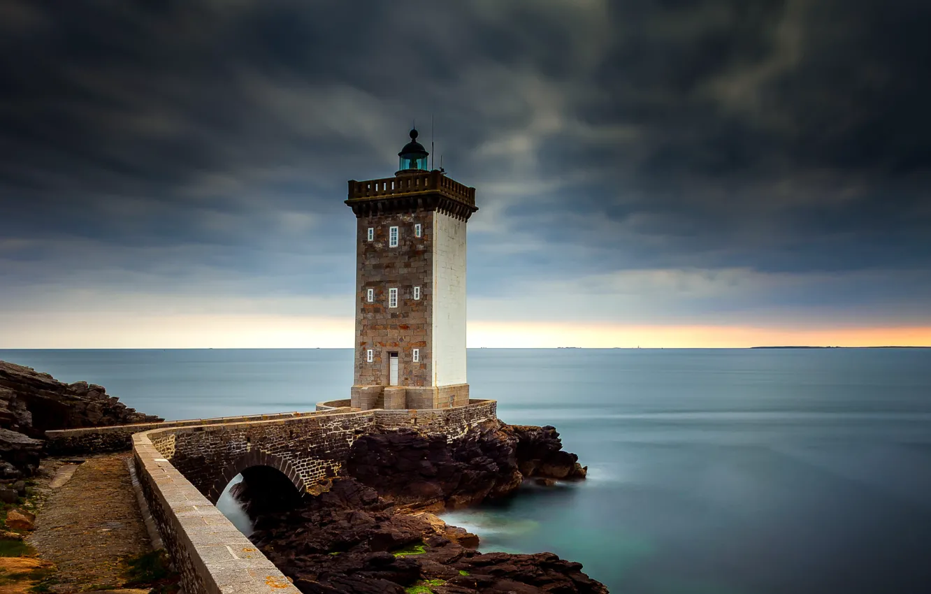 Photo wallpaper sea, clouds, stones, lighthouse, Brittany