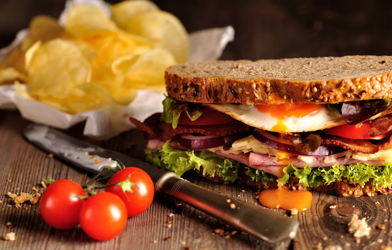 Photo wallpaper eggs, cheese, tomatoes, sandwiches, ham