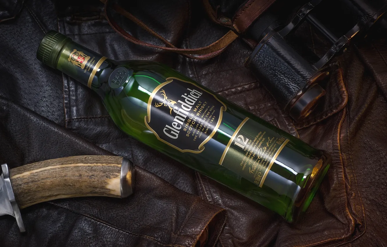 Photo wallpaper style, bottle, leather, jacket, knife, binoculars, whiskey, Scottish