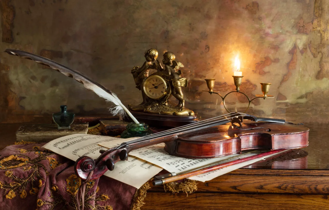 Photo wallpaper notes, violin, watch, candles, feathers, ink
