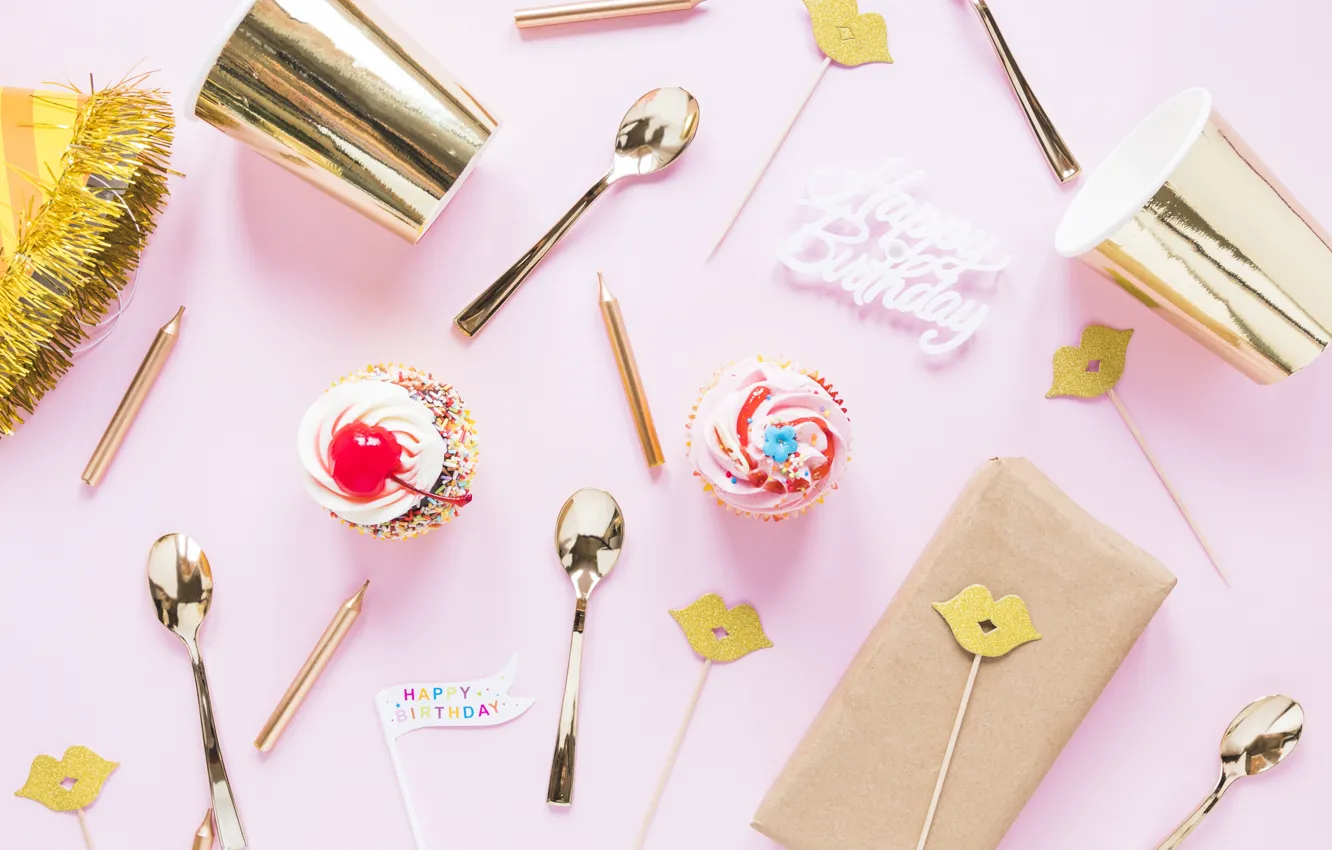 Photo wallpaper birthday, holiday, gift, hat, present, decor, sweet, cupcakes
