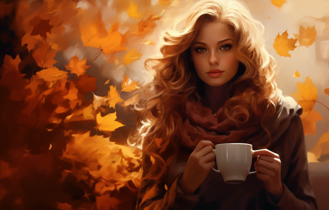 Photo wallpaper autumn, girl, light, tea, foliage, coffee, makeup, scarf
