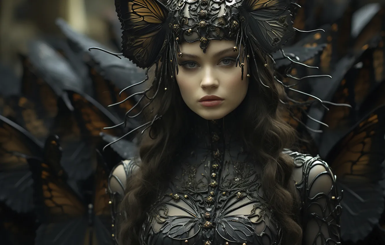 Photo wallpaper look, girl, decoration, the dark background, butterfly, portrait, brunette, fantasy