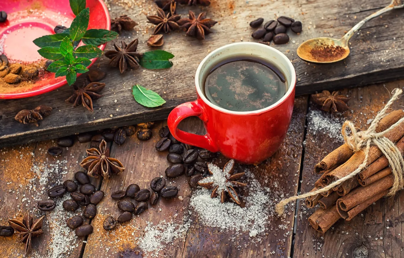 Photo wallpaper leaves, Board, coffee, grain, spoon, mug, sugar, cinnamon