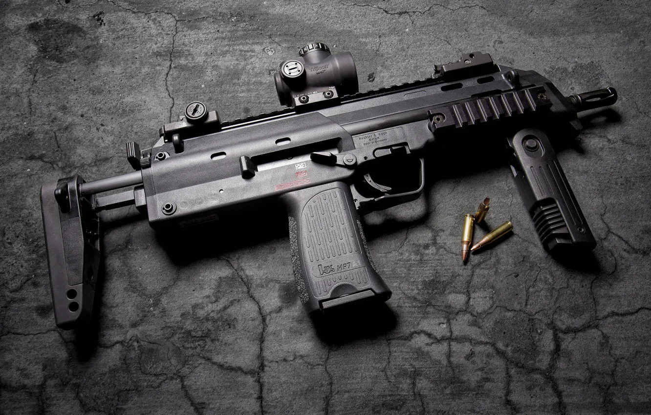 Photo wallpaper weapons, background, machine, cartridges, Heckler & Koch MP7