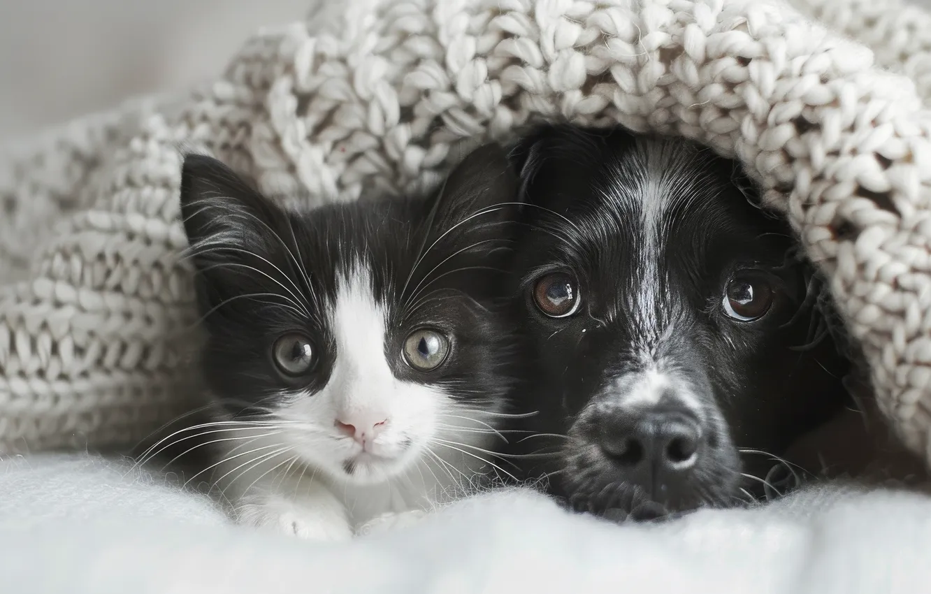 Photo wallpaper cat, cat, look, comfort, each, together, dog, lies