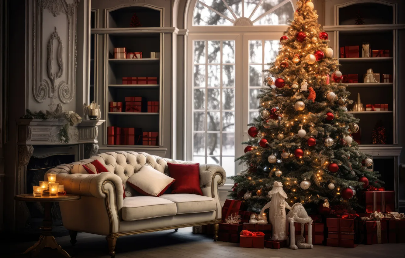 Photo wallpaper room, tree, new year, interior, Christmas, Christmas, view, tree
