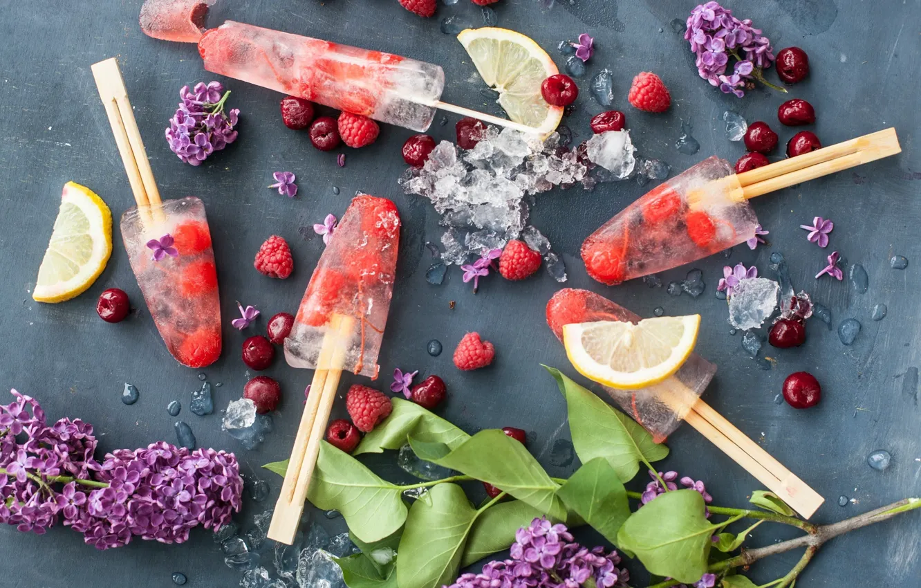 Photo wallpaper ice, cherry, raspberry, lemon, ice cream, lilac, fruit ice