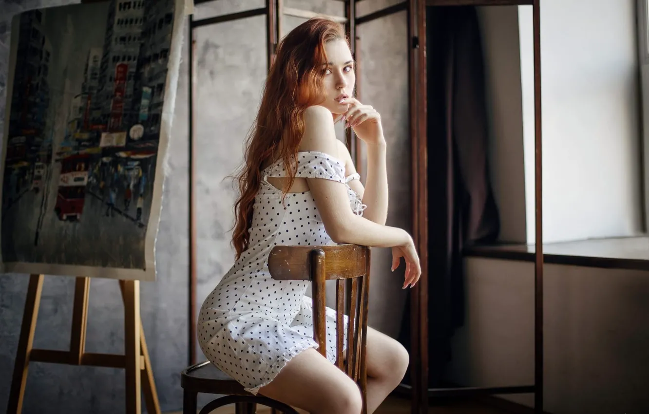 Photo wallpaper look, girl, pose, dress, chair, red, redhead, shoulder