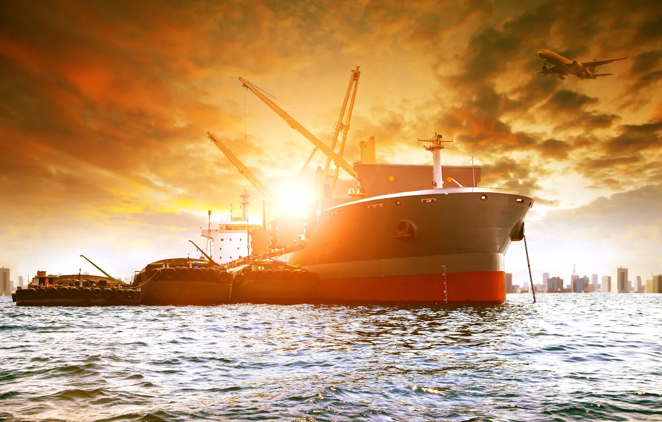 Photo wallpaper sea, the sky, the sun, clouds, the city, coast, ship, the plane