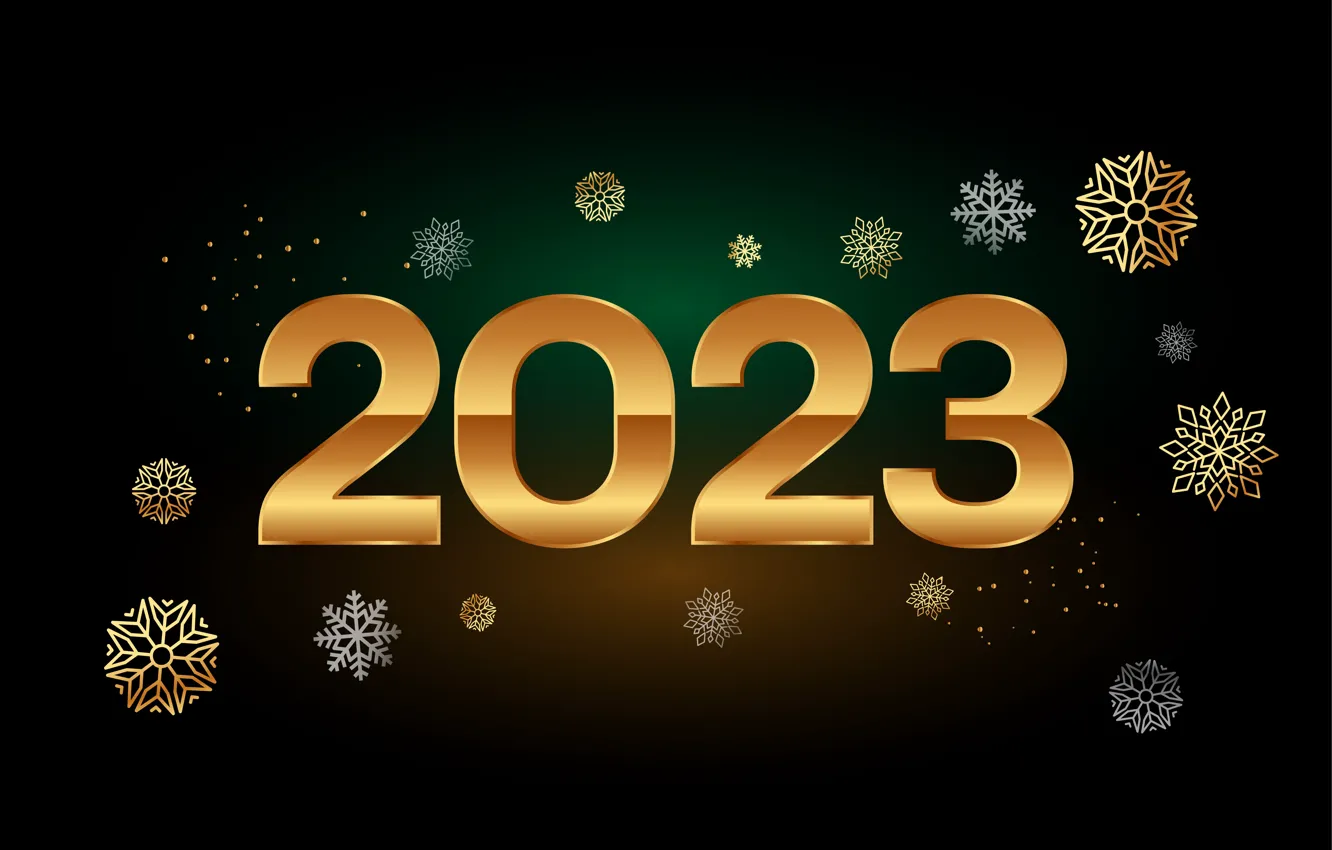 Photo wallpaper light, snowflakes, lights, Shine, new year, figures, gold, black background