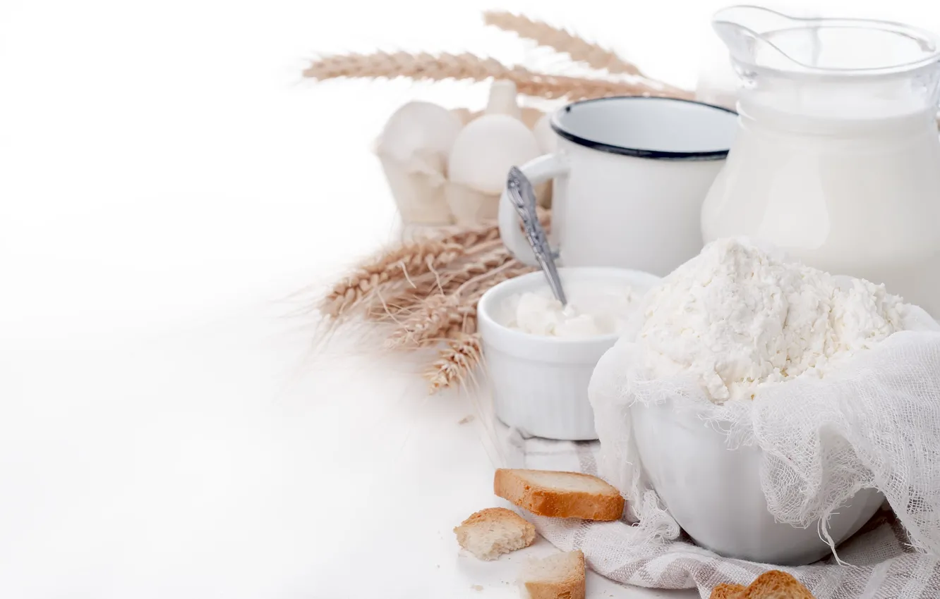 Photo wallpaper sour cream, milk, cheese, eggs, bread
