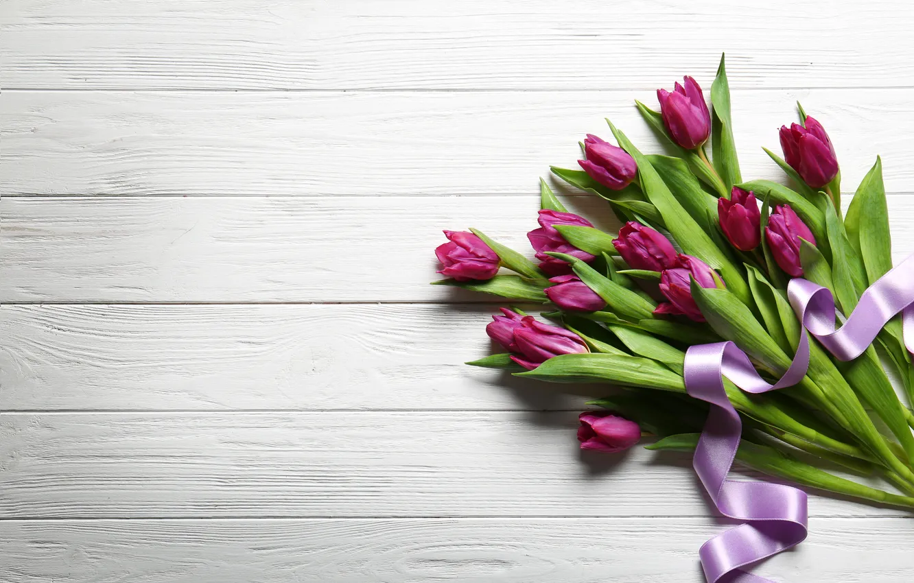 Photo wallpaper flowers, bouquet, tulips, wood, flowers, tulips, spring, purple
