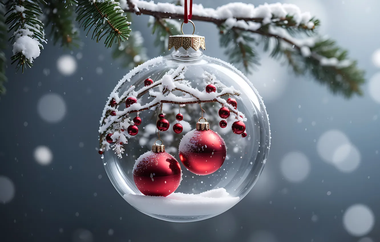Photo wallpaper winter, snow, decoration, balls, new year, Christmas, glass, Christmas