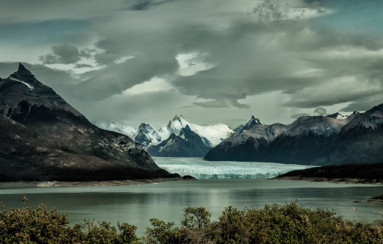 Photo wallpaper ice, the sky, clouds, snow, trees, mountains, lake, overcast