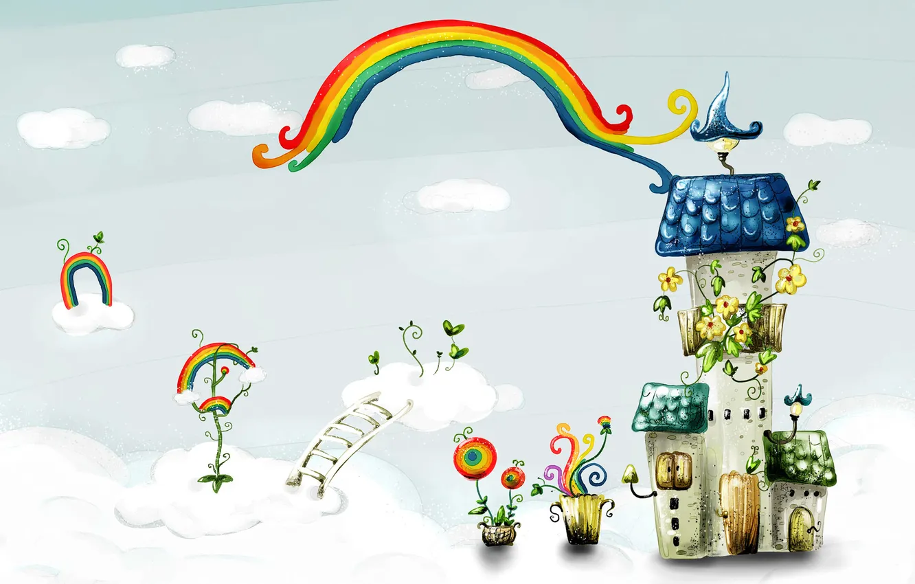 Photo wallpaper clouds, flowers, fantasy, ladder, houses, rainbow