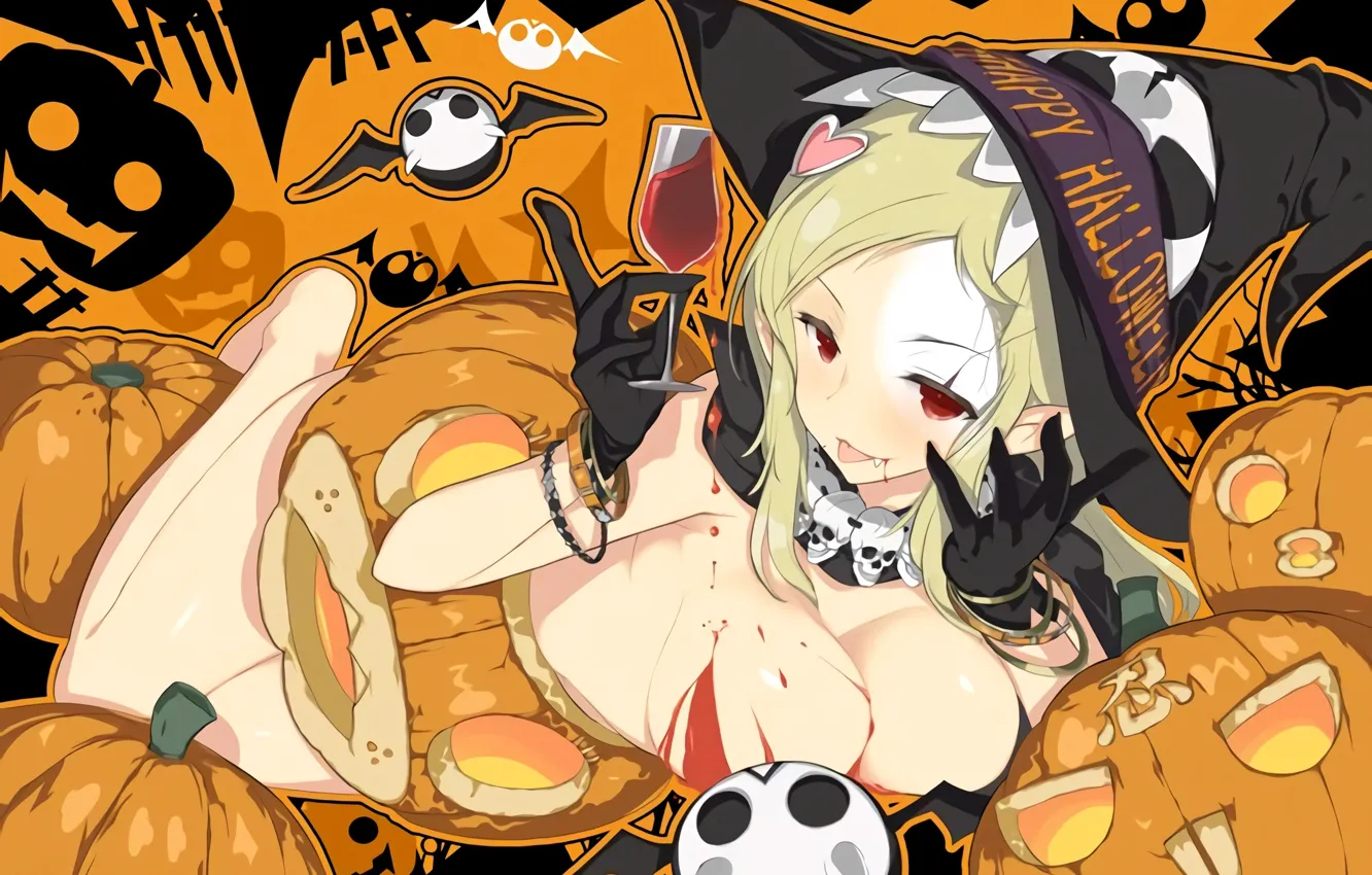 Photo wallpaper gloves, blush, bracelet, red eyes, Happy Halloween, witch hat, shiki, pumpkin evil