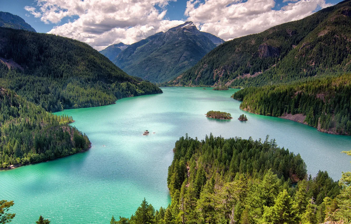 Photo wallpaper forest, mountains, lake, Washington, Washington, Lake Of The Devil, Diablo Lake, North Cascade mountains
