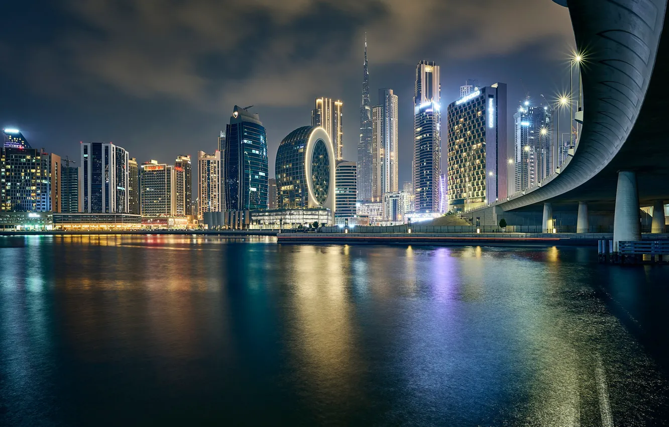 Photo wallpaper water, bridge, building, home, skyscrapers, Dubai, night city, Dubai