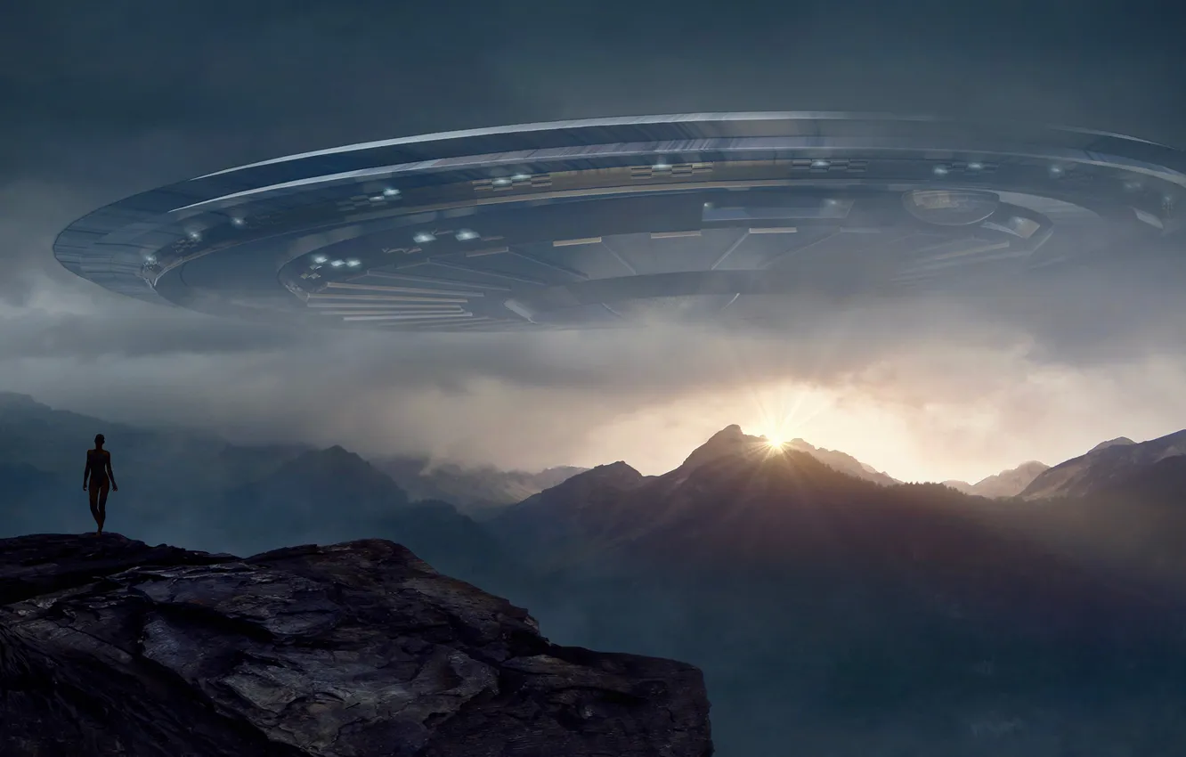 Photo wallpaper light, mountains, rendering, fiction, UFO, alien, flying saucer, space ship