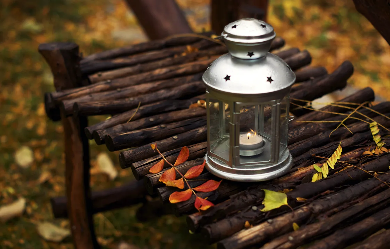 Photo wallpaper autumn, leaves, bench, nature, candle, shop, flashlight, lantern