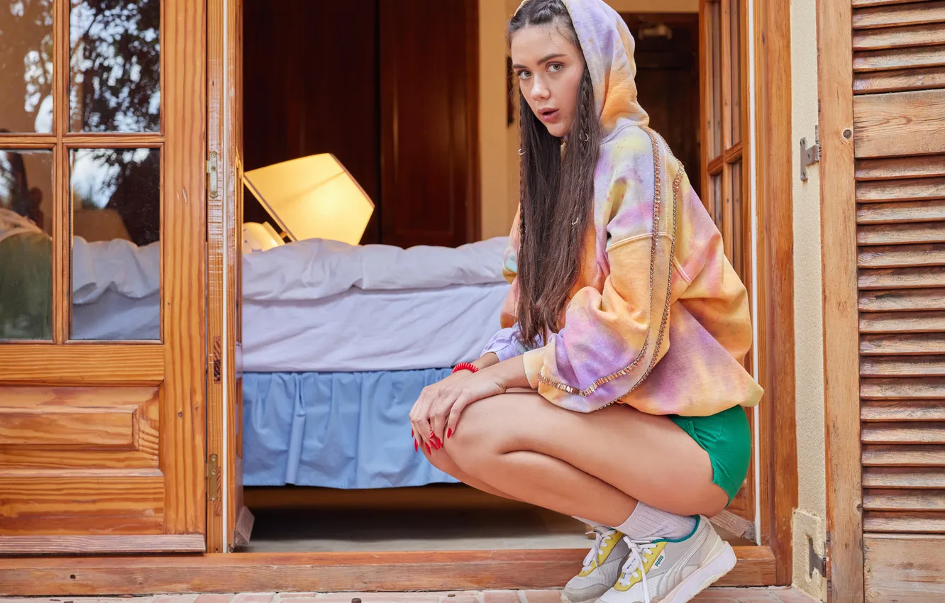 Photo wallpaper girl, shorts, Hoodie, pretty, cute, long-haired, sneakers