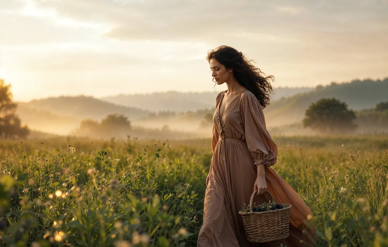 Photo wallpaper field, forest, the sky, grass, girl, clouds, light, nature
