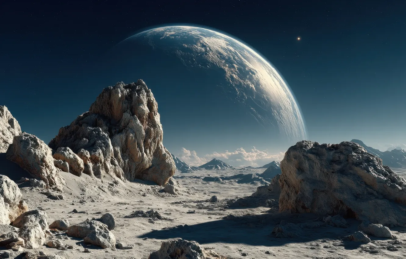 Photo wallpaper the sky, space, clouds, light, landscape, mountains, blue, stones