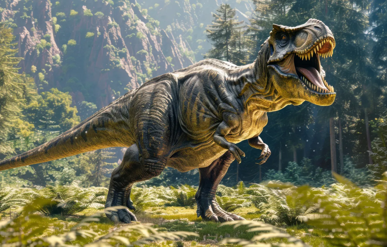 Photo wallpaper trees, mountains, animal, dinosaur, predator, teeth, mouth, grin