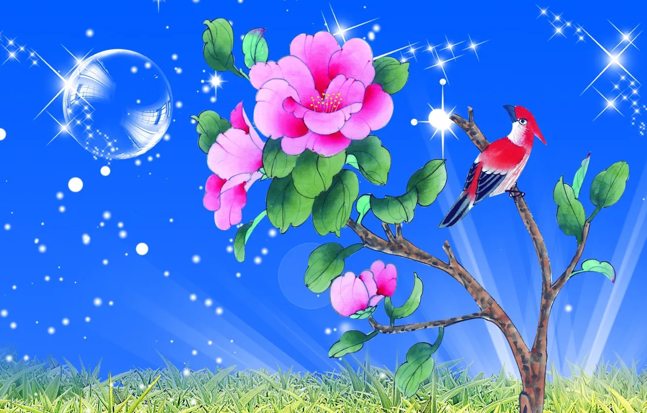 Photo wallpaper the sky, grass, flowers, collage, bird, parrot, postcard