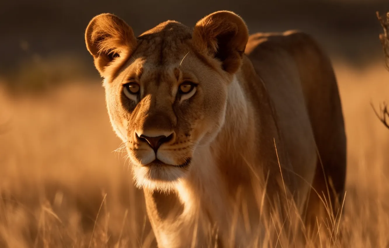 Photo wallpaper Grass, Look, Lioness, Face, Africa, Savannah, Digital art, Big cat
