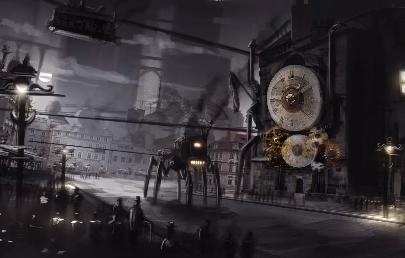 Photo wallpaper city, monochrome, Steampunk