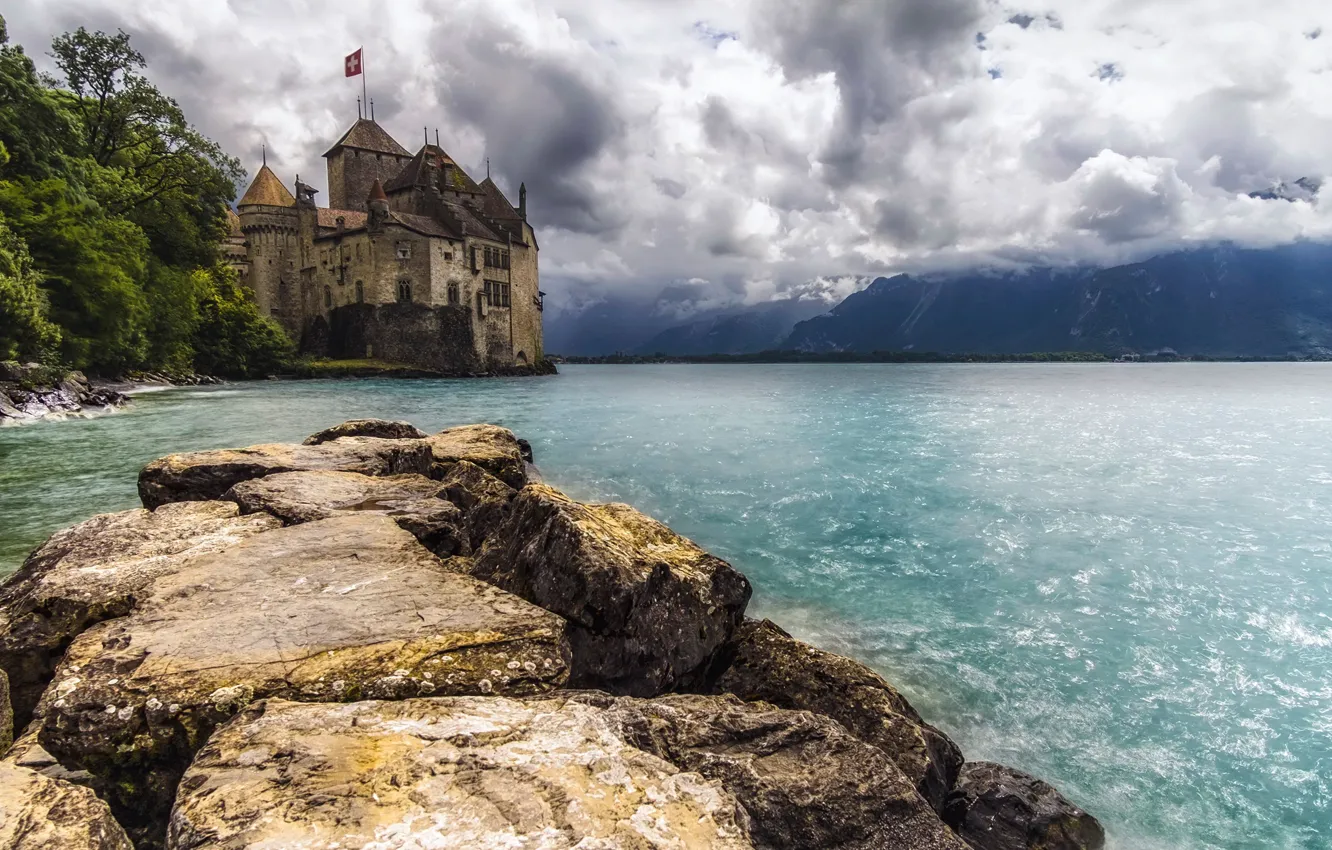 Photo wallpaper clouds, trees, mountains, clouds, lake, stones, castle, Switzerland