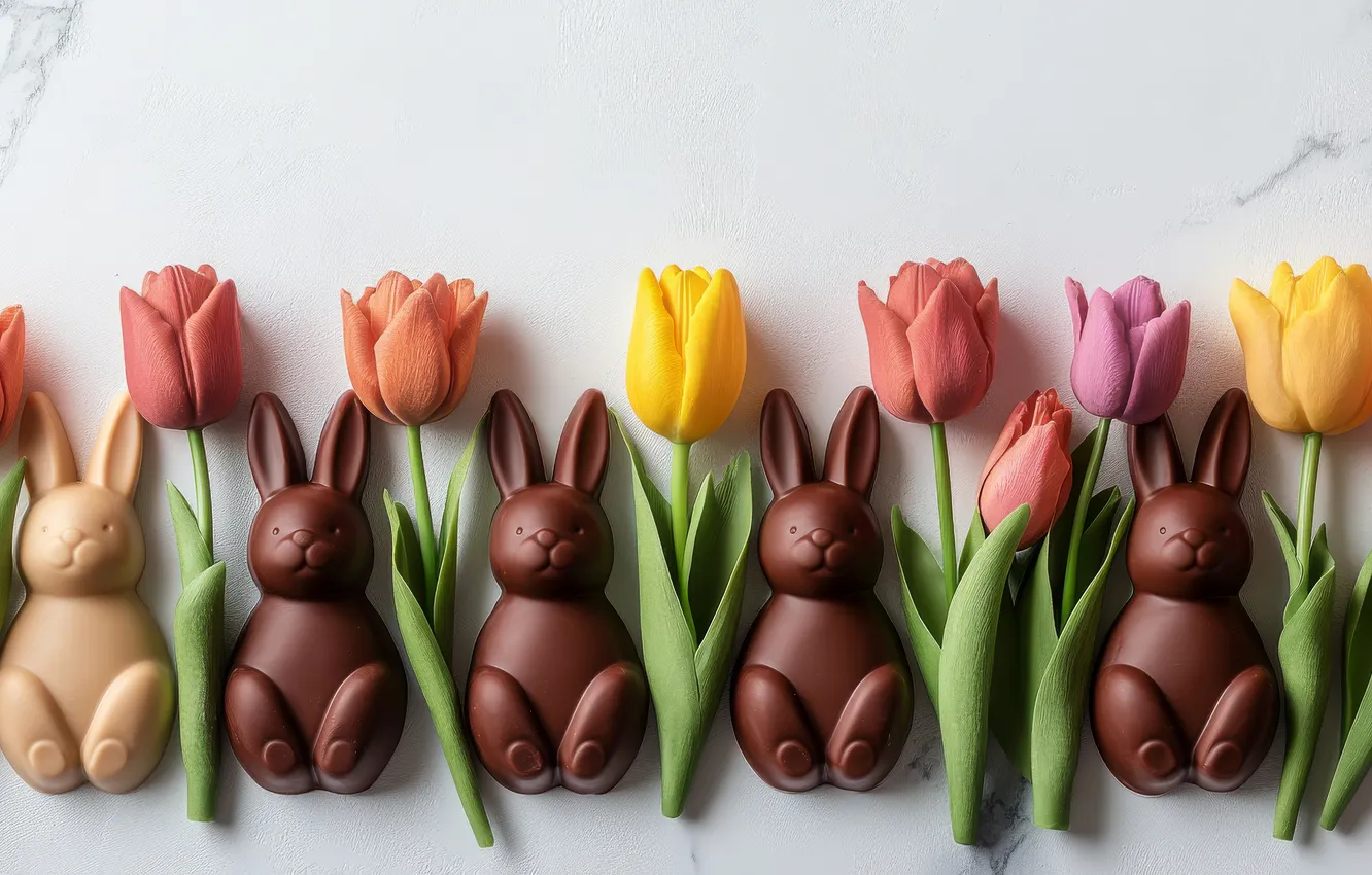 Photo wallpaper flowers, yellow, holiday, bouquet, spring, rabbit, candy, Easter