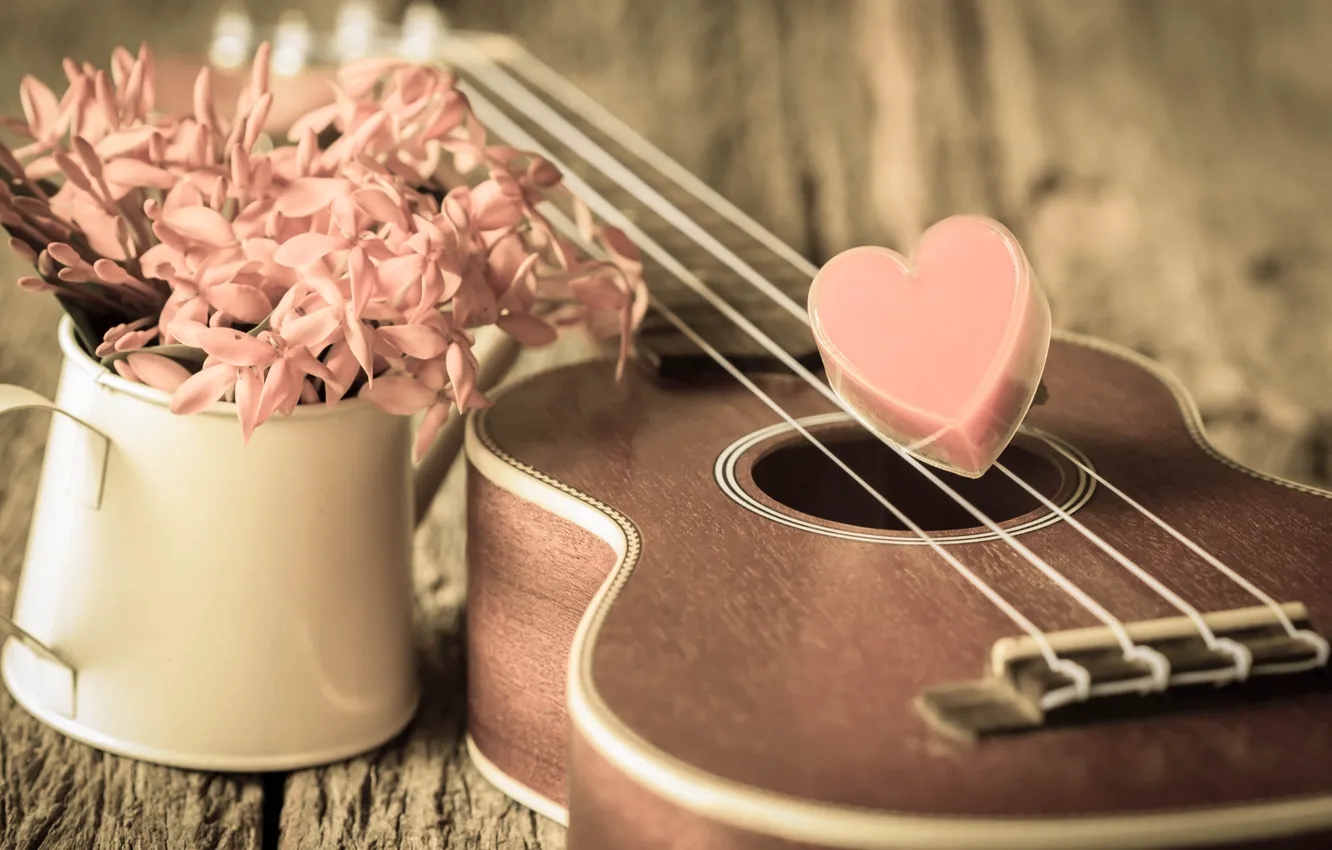 Photo wallpaper flowers, heart, love, vintage, heart, romantic, ukulele