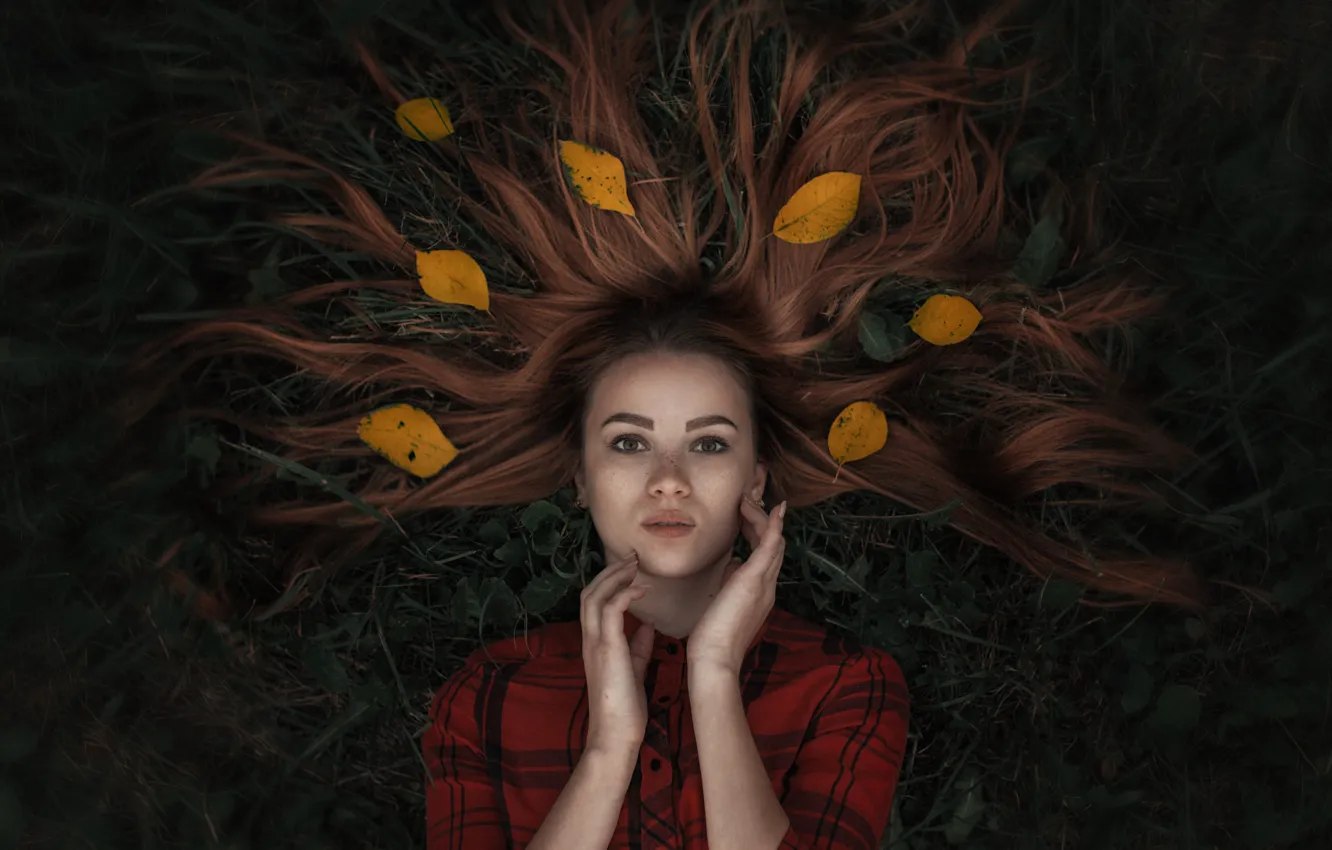 Photo wallpaper grass, leaves, hair, Girl, lies, Alexander Tishkevich