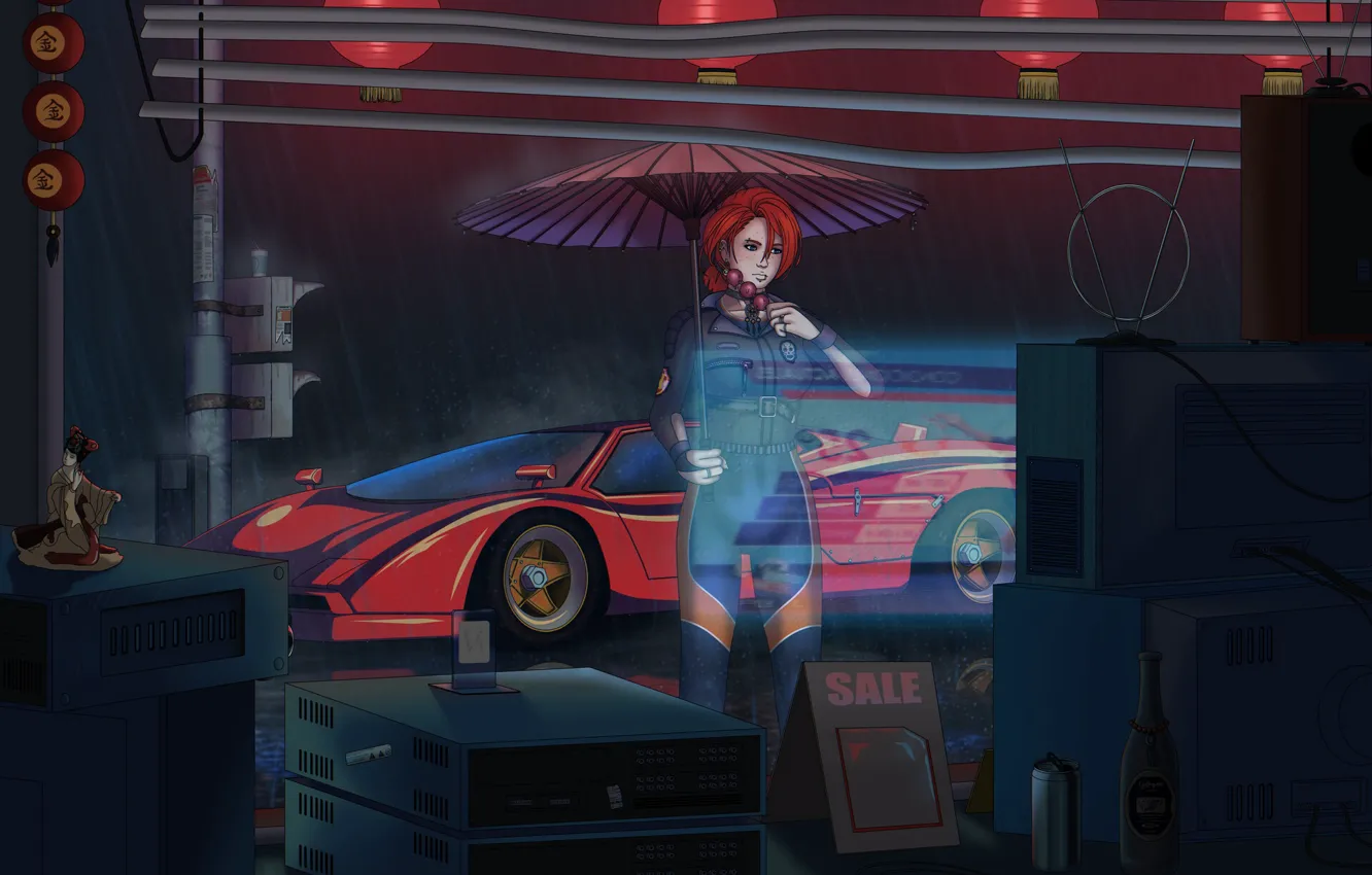 Photo wallpaper machine, auto, girl, style, umbrella, technique, TV, style