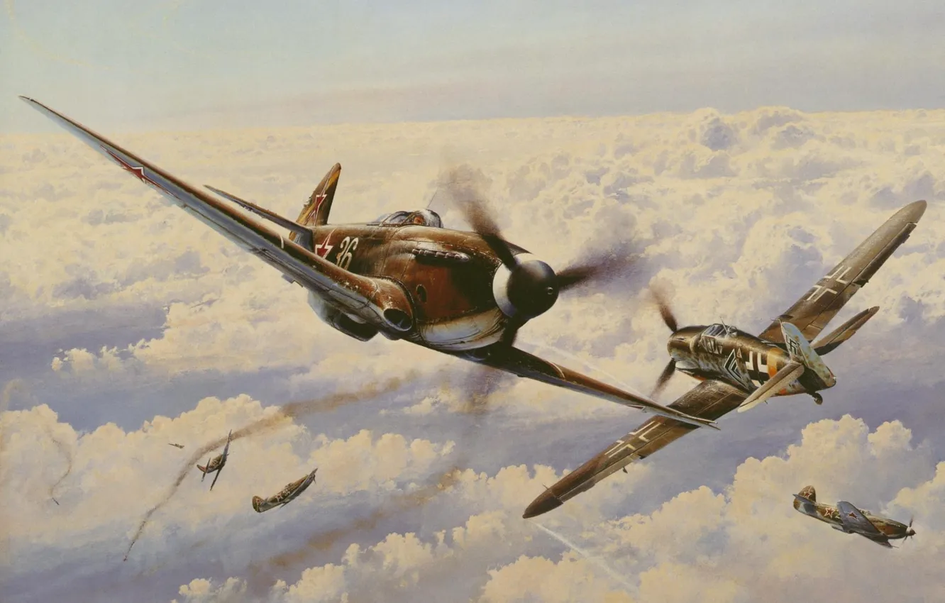 Photo wallpaper the sky, clouds, war, fighter, battle, turn, Art, Messerschmitt