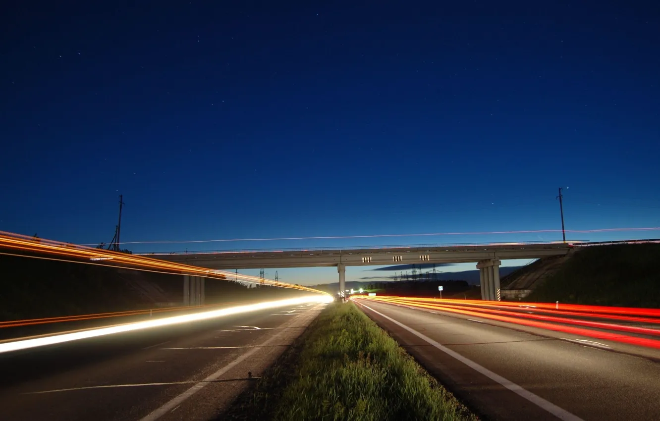 Photo wallpaper the sky, bridge, lights, the evening, beautiful, highway