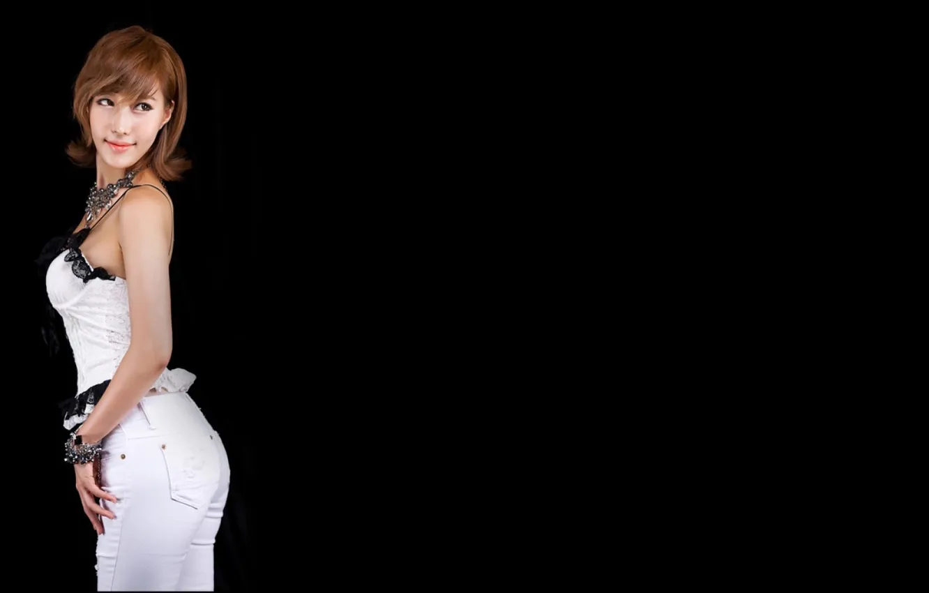 Photo wallpaper Asian, black background, cutie, asian, cutie, asian girls, white clothes, girl posing