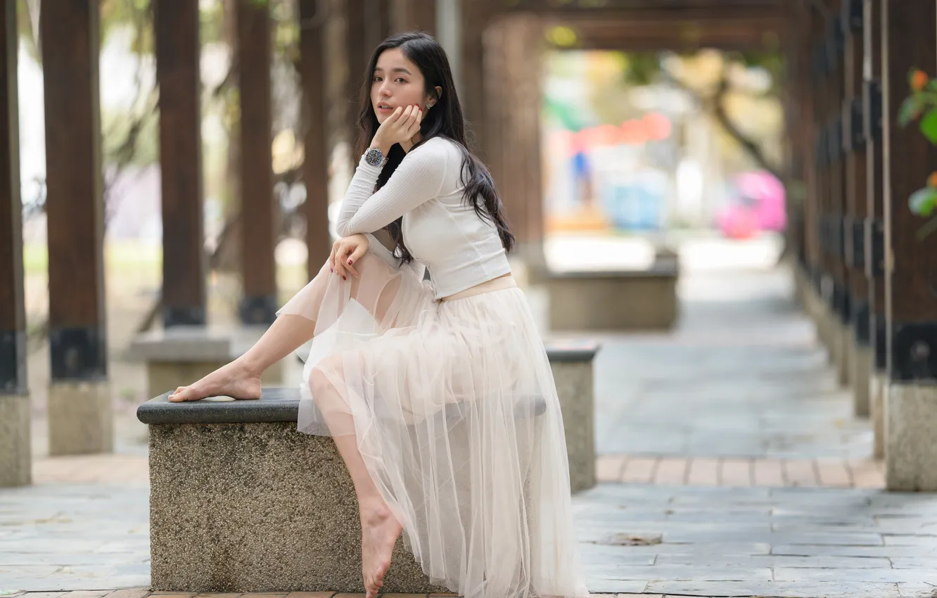 Photo wallpaper pose, skirt, blouse, Asian, sitting