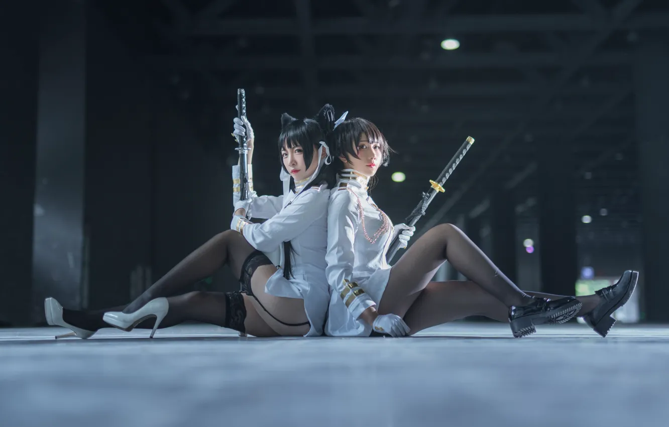 Photo wallpaper brunette, cosplay, black stockings, sitting on the pavement, Azur Lane, Mastiffo