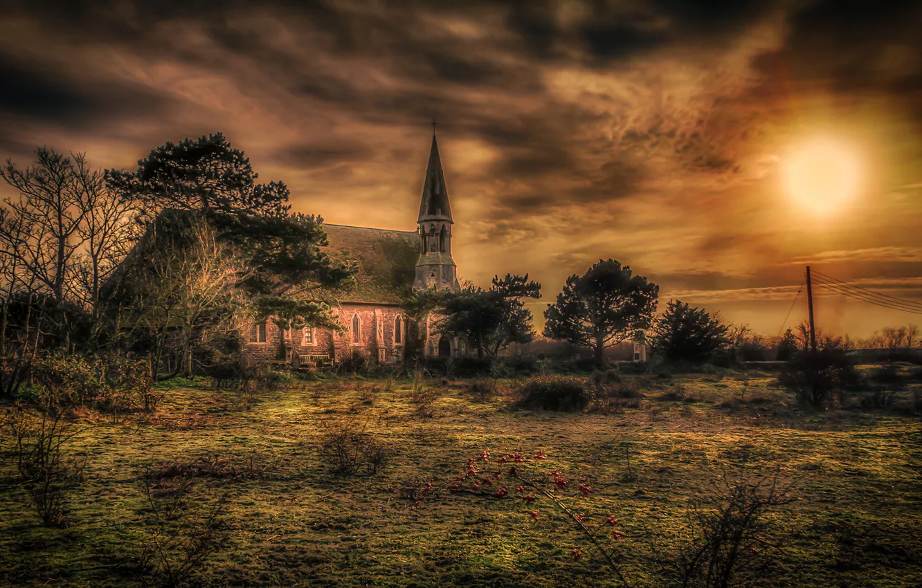 Photo wallpaper autumn, the sky, clouds, sunset, hdr, Church