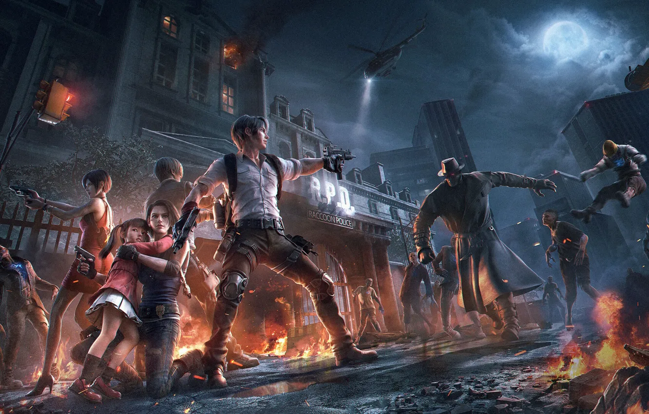 Photo wallpaper flame, girl, moon, zombie, gun, pistol, resident evil, biohazard