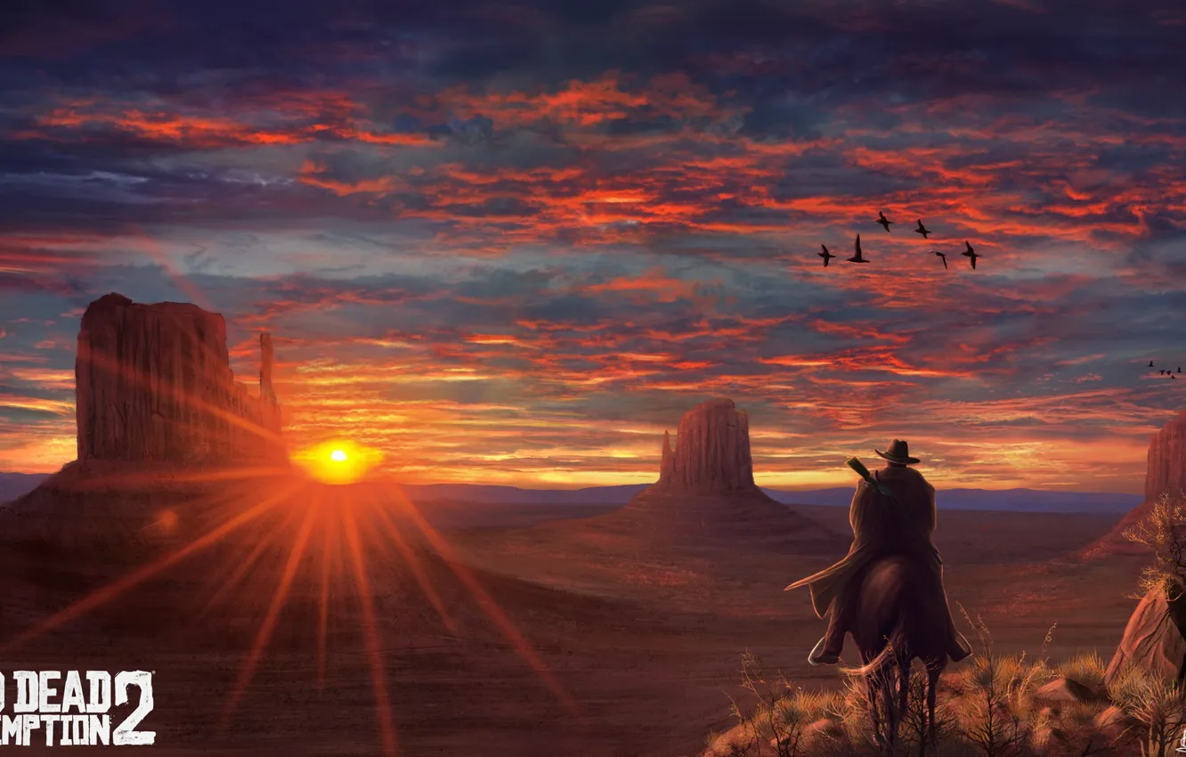 Photo wallpaper Sunset, The game, Art, Rockstar, Concept Art, Cowboy, Western, Game Art