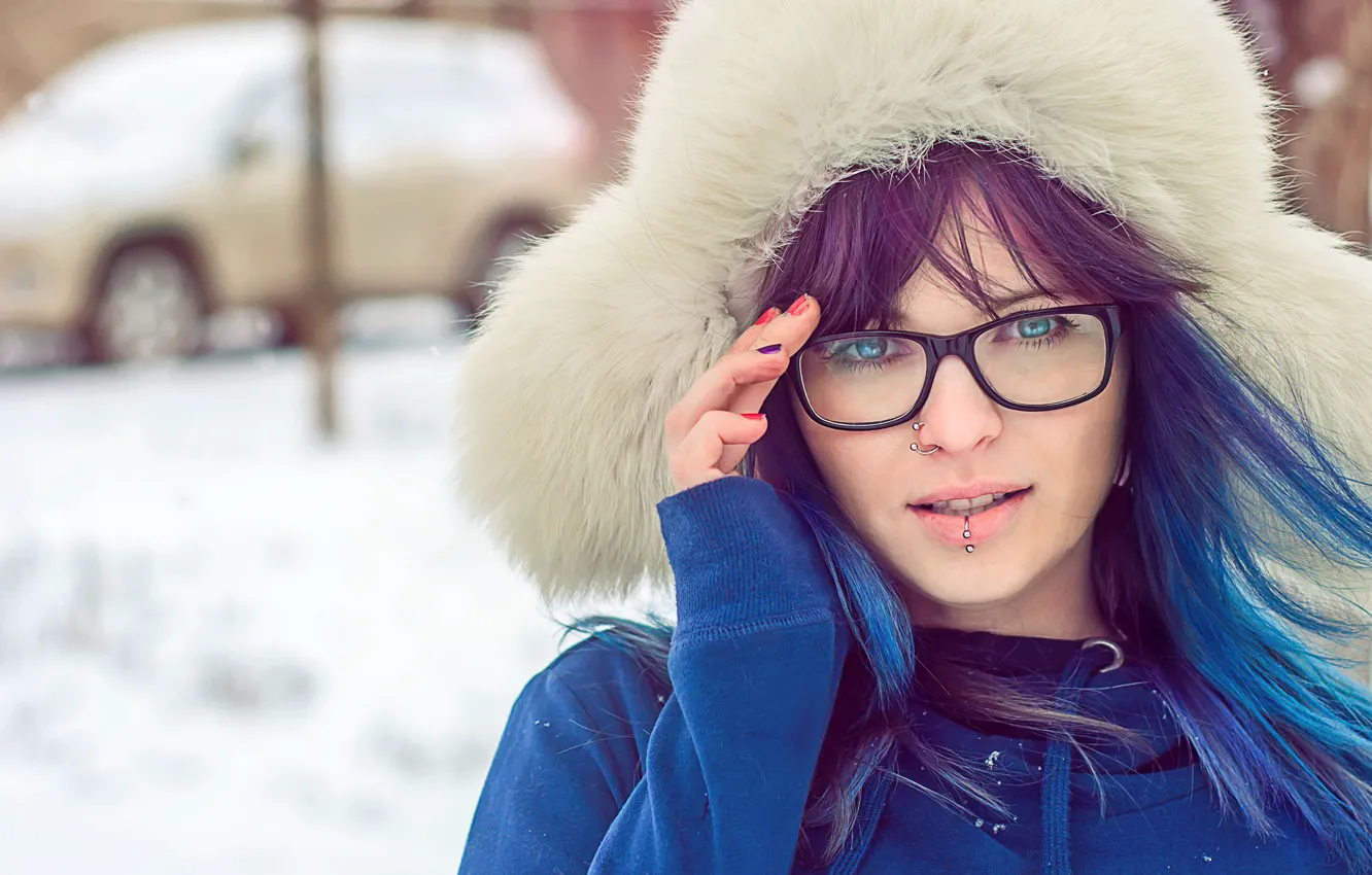 Photo wallpaper girl, piercing, glasses, girl, blue eyes